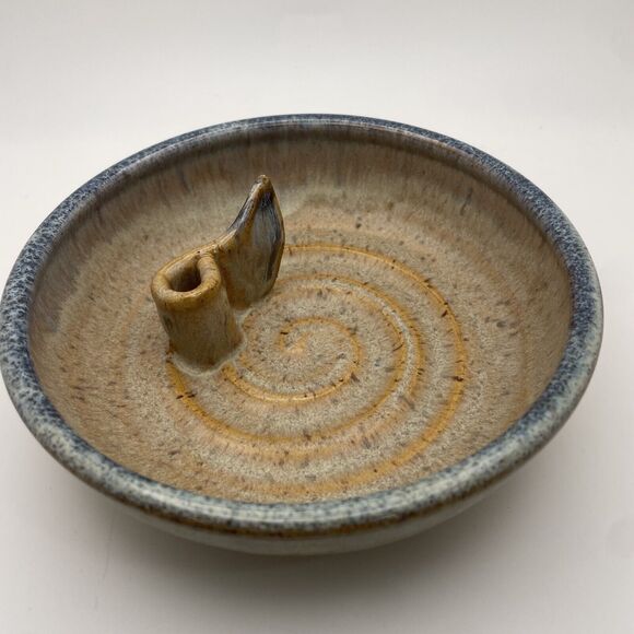 Greg Neal Studio Art Pottery Handmade Stem Dish Bowl Tan Blue Brown 1998 Vintage - Picture 2 of 4